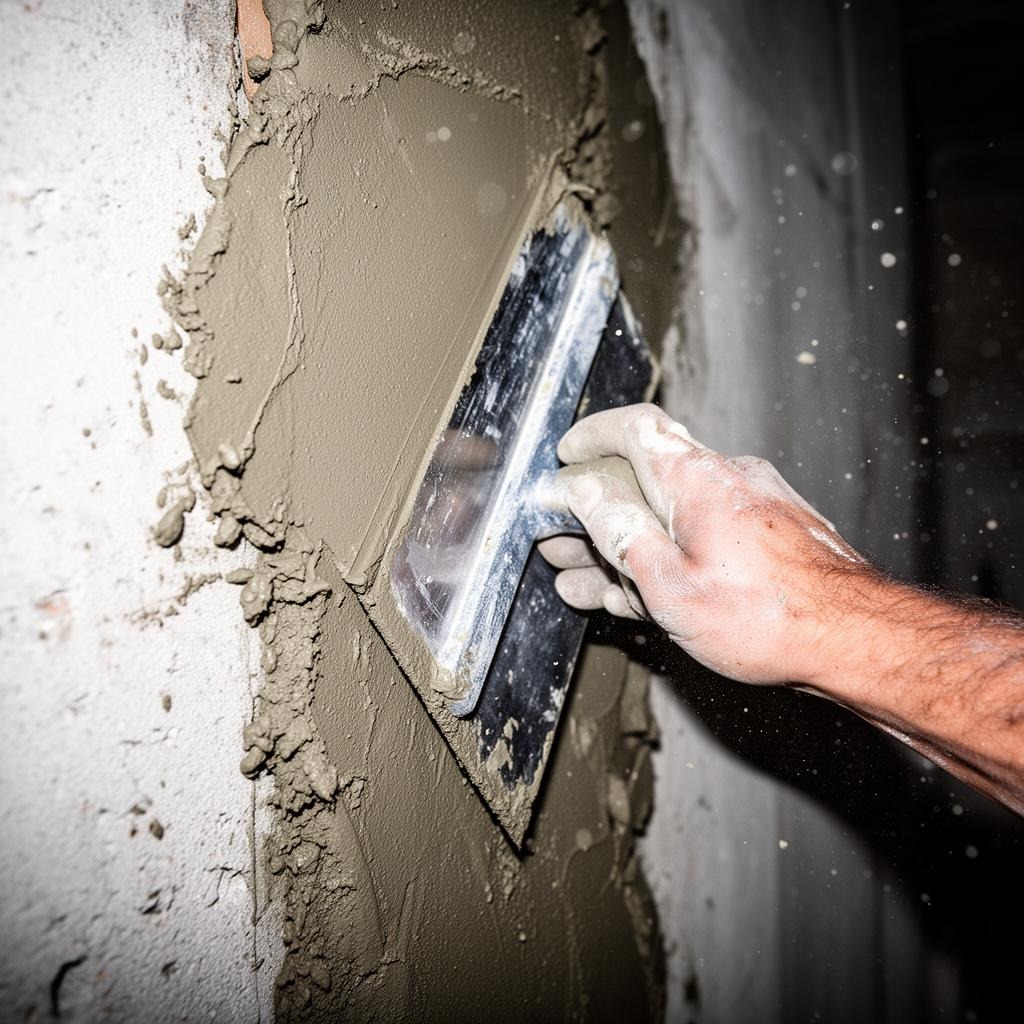 Smooth gray plaster being applied to a wall